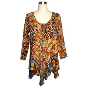 Sacred Threads Tunic Top Women Small/Med Patchwork artistic Tie Back Boho Fairy